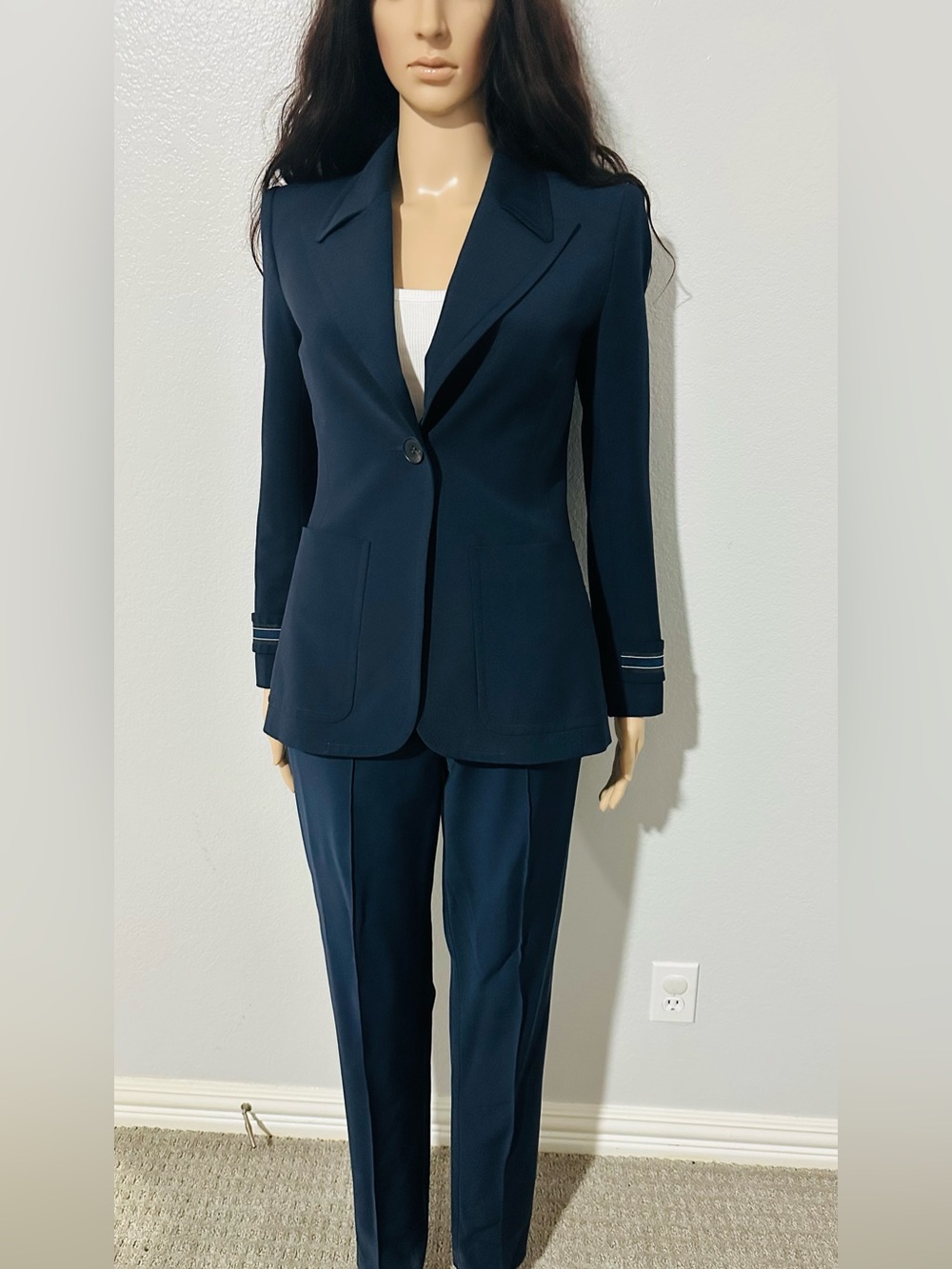 Fendi Navy Single-Button Blazer with Cuff Stripe pantsuit